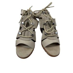Sorel Beige Lace-Up Block Heel Sandals Size 9 For Women Leather Fabric